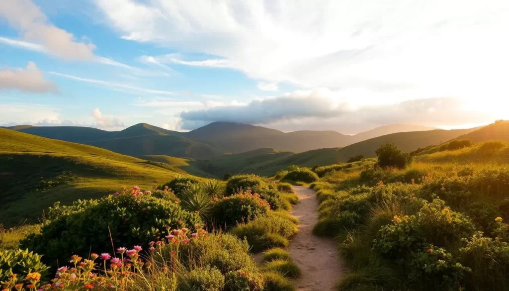 A serene scene in West Coast National Park, South Africa. Rolling hills in the background, dotted with vibrant wildflowers and lush, verdant foliage. In the foreground, a meandering trail leads through the landscape, inviting exploration. Warm, golden sunlight filters through wispy clouds, casting a soft, natural glow over the entire scene. The atmosphere is tranquil, evoking a sense of peace and relaxation. A perfect day to immerse oneself in the natural beauty of this stunning coastal park.