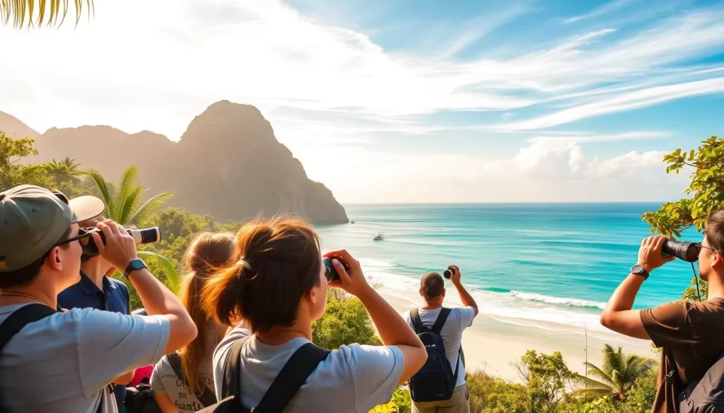 A serene scene of avid birdwatchers on the idyllic Layang Layang Island, Malaysia. In the foreground, a group of enthusiasts with binoculars and cameras, eyes trained on the vibrant, diverse avian life. The middle ground features lush, tropical foliage and a picturesque beach, with the crystal-clear turquoise waters of the South China Sea lapping at the shores. The background showcases the island's dramatic limestone cliffs, bathed in warm, golden sunlight that filters through wispy clouds. The atmosphere is one of peaceful observation and appreciation for the island's remarkable natural wonders, creating the perfect setting for an immersive birdwatching experience.