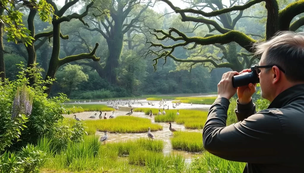 A serene scene of bird watching amidst the lush, verdant Longoz forests of İğneada, Turkey. In the foreground, a birdwatcher stands with binoculars, eyes trained on the vibrant and diverse avian inhabitants of this ecological paradise. The middle ground reveals a picturesque wetland teeming with waterfowl, their graceful movements captured in sharp detail by a high-resolution lens. The background showcases the dense, mossy canopy of the ancient Longoz trees, filtered sunlight casting a warm, diffused glow over the entire tableau. The overall mood is one of tranquility, wonder, and appreciation for the natural splendor of this biodiversity hotspot.
