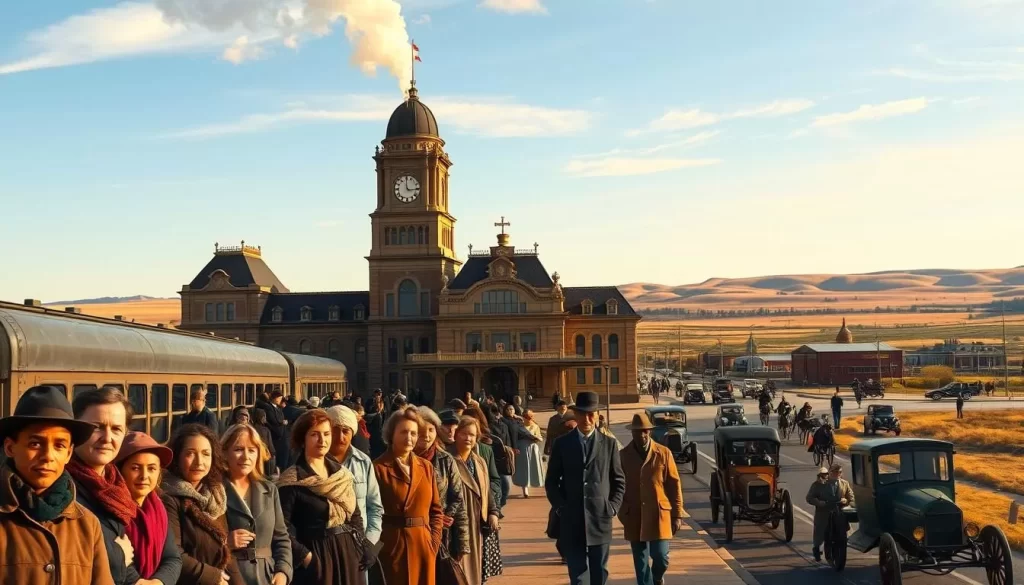 A serene scene of diverse immigrants arriving in North Dakota, USA, in the early 20th century. In the foreground, a group of people from various ethnicities stand on a train platform, their faces filled with a mixture of hope and apprehension. Behind them, a grand, historic train station stands, its ornate architecture bathed in warm, golden sunlight. In the middle ground, horse-drawn carriages and automobiles dot the bustling streets, carrying people from all walks of life. In the background, the rolling hills and vast, open skies of the North Dakota landscape provide a picturesque backdrop, hinting at the new beginnings and opportunities that await these new arrivals.