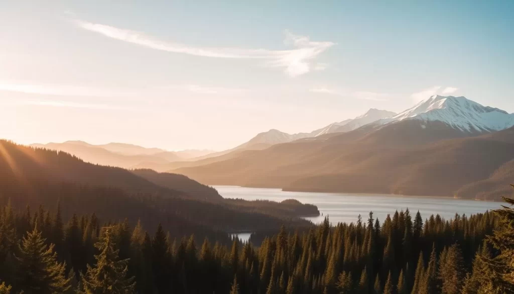 A serene scene of the Pacific Northwest, bathed in warm, golden afternoon light. Rolling hills covered in lush evergreen forests, with majestic snow-capped peaks rising in the distance. A tranquil lake reflects the dramatic mountainscape, its waters shimmering gently. Wispy clouds drift overhead, casting soft shadows on the landscape below. The air is crisp and clean, with a hint of earthy pine. A perfect day to explore the natural wonders of this beautiful region.