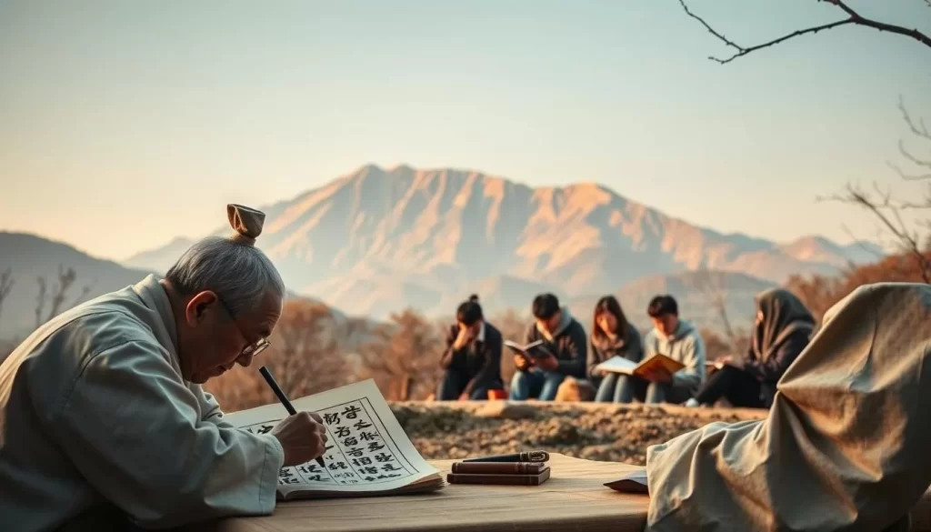 A serene scene of the historical development of the Korean language. In the foreground, a scholar carefully calligraphs traditional Hangul characters, the unique writing system that has shaped the Korean tongue for centuries. In the middle ground, a group of students intently study ancient texts, immersed in the rich linguistic heritage. In the background, a majestic mountain landscape, its peaks bathed in warm, golden light, symbolizing the enduring legacy of the Korean language. The scene is illuminated by soft, natural lighting, evoking a sense of timeless wisdom and scholarly pursuit.