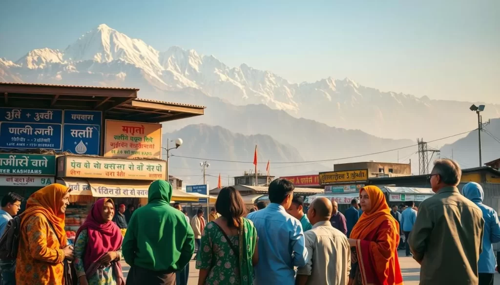 A serene scene showcasing the diverse languages of Jammu and Kashmir, India. In the foreground, a group of locals from different communities engage in lively conversations, their vibrant traditional attire and expressive gestures conveying the richness of their linguistic and cultural heritage. In the middle ground, a bustling marketplace with vendors selling an array of goods, signage in various scripts and dialects reflecting the region's linguistic tapestry. In the background, the majestic Himalayan peaks provide a stunning natural backdrop, bathed in warm, golden sunlight that casts a tranquil, inviting atmosphere over the entire scene.