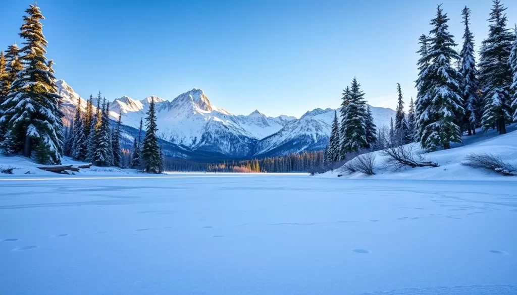 A serene, snow-covered landscape in the heart of the Alaskan wilderness. In the foreground, a frozen lake reflects the crisp, blue sky above, its surface dotted with the footprints of wildlife. Tall, snow-capped mountains rise majestically in the distance, their jagged peaks cutting into the horizon. Tall, evergreen trees stand sentinel, their branches heavy with freshly fallen snow. The warm, golden glow of the winter sun casts a soft, ethereal light across the scene, creating a sense of peaceful tranquility. This idyllic Alaskan winter wonderland invites you to step into its wintry embrace and experience the true essence of this northern land.
