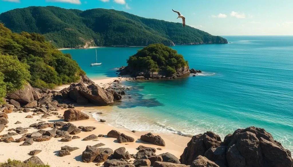 A serene solitary island nestled within a pristine marine park, surrounded by turquoise waters and lush verdant foliage. The sun casts a warm glow, illuminating the rocky shoreline and inviting you to explore the untouched natural beauty. In the foreground, a lone seabird soars gracefully, surveying the tranquil cove. In the middle ground, gentle waves caress the sandy beach, while the background reveals a lush, densely forested landscape rising up from the coastline. Capture the essence of a peaceful, untouched ecosystem teeming with diverse marine life and wildlife. Showcase the breathtaking beauty of this solitary island oasis through a cinematic, wide-angle lens.