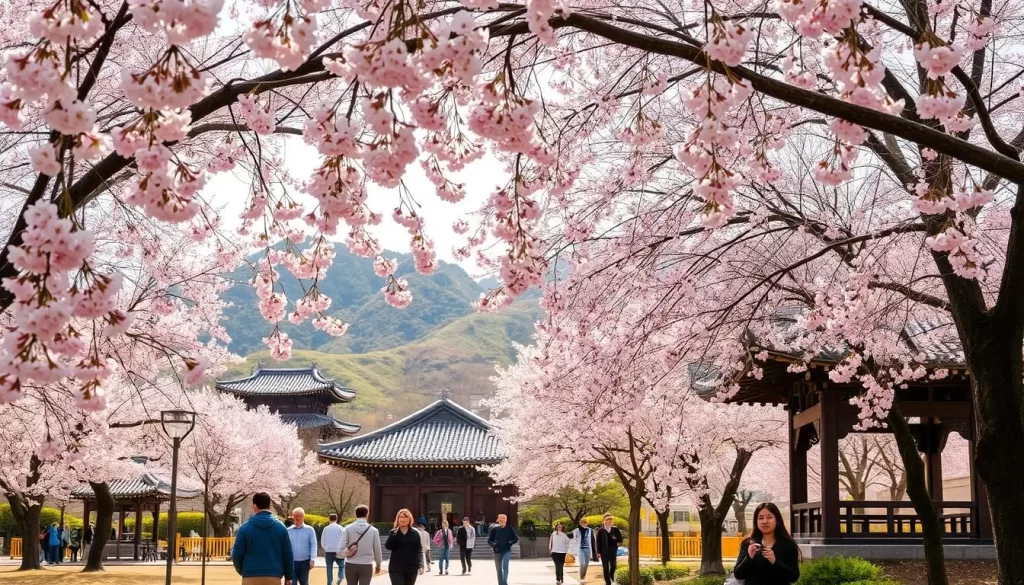 A serene spring day in a picturesque South Korean cherry blossom festival. Delicate pink blossoms cascade gracefully from the branches, creating a soft, ethereal canopy. In the foreground, people stroll leisurely through the park, taking in the tranquil atmosphere. The middle ground features a traditional pavilion, its ornate architecture complementing the vibrant floral display. In the background, the rolling hills of South Chungcheong Province provide a verdant, natural backdrop, bathed in the warm glow of the mild spring sun. The entire scene emanates a sense of peaceful tranquility, inviting visitors to immerse themselves in the beauty of the season.