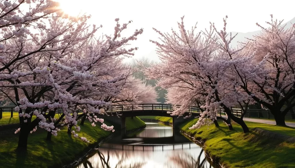A serene spring scene in Yilan County, Taiwan. Lush cherry blossom trees in full bloom, their delicate pink petals swaying gently in the warm breeze. Soft, diffused sunlight filters through the canopy, casting a romantic glow over the tranquil landscape. In the foreground, a meandering stream reflects the blossoms, creating a sense of mirrored symmetry. The middle ground features a quaint wooden bridge, inviting viewers to step into this enchanting setting. Hazy mountains rise in the distance, completing the picturesque vista. Convey a mood of peaceful renewal, as nature awakens from winter's slumber.