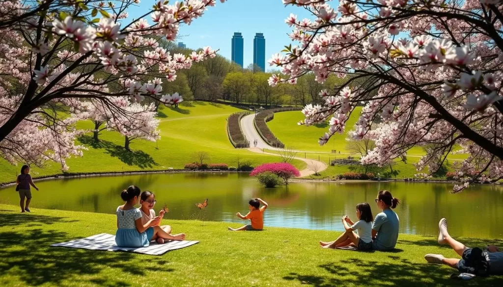 A serene springtime scene in Hsinchu County, Taiwan. Lush green hills dotted with vibrant cherry blossoms frame a tranquil pond. In the foreground, a family picnics on a checkered blanket, enjoying the warm sunshine and light breeze. Children explore the banks, chasing butterflies and skipping stones across the calm water. In the middle ground, a winding path leads through a fragrant garden, lined with blooming azaleas and magnolias. In the distance, the iconic Hsinchu Science Park towers stand proudly against a clear, azure sky. Capture the essence of a perfect spring day with natural, diffused lighting and a shallow depth of field to accentuate the serene, pastoral atmosphere.