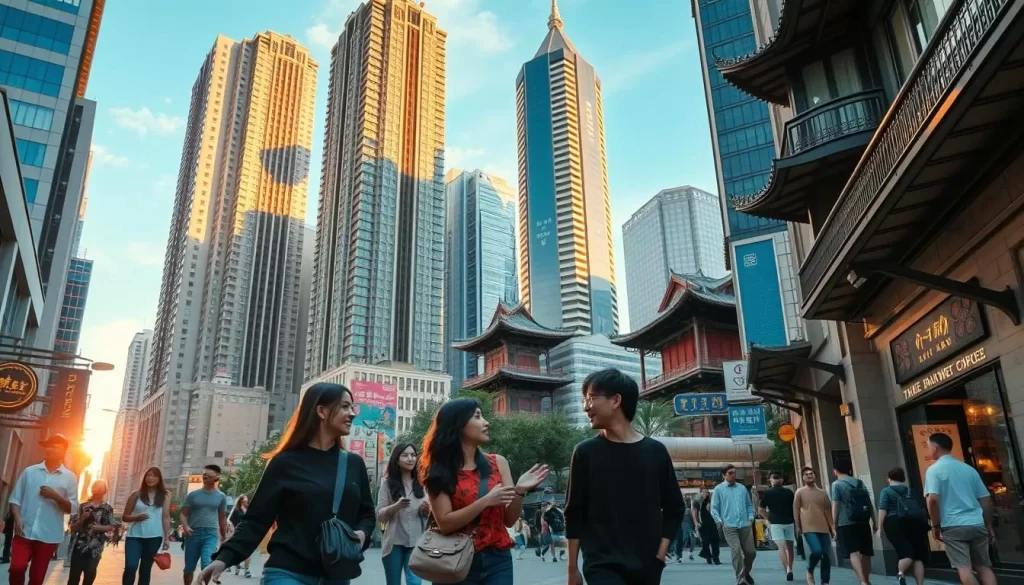 A serene street scene in a vibrant Taiwanese city, with people strolling along the sidewalks under the warm, golden light of a late afternoon sun. Towering, modern skyscrapers and traditional Taiwanese architecture stand in harmony, their facades adorned with intricate details. The bustling energy of the city is balanced by the tranquil flow of pedestrians, their faces reflecting the calm and contentment of daily life. In the middle ground, a group of locals engage in lively conversation, their animated gestures and expressions capturing the essence of Mandarin Chinese as the official and widely spoken language of Taiwan.