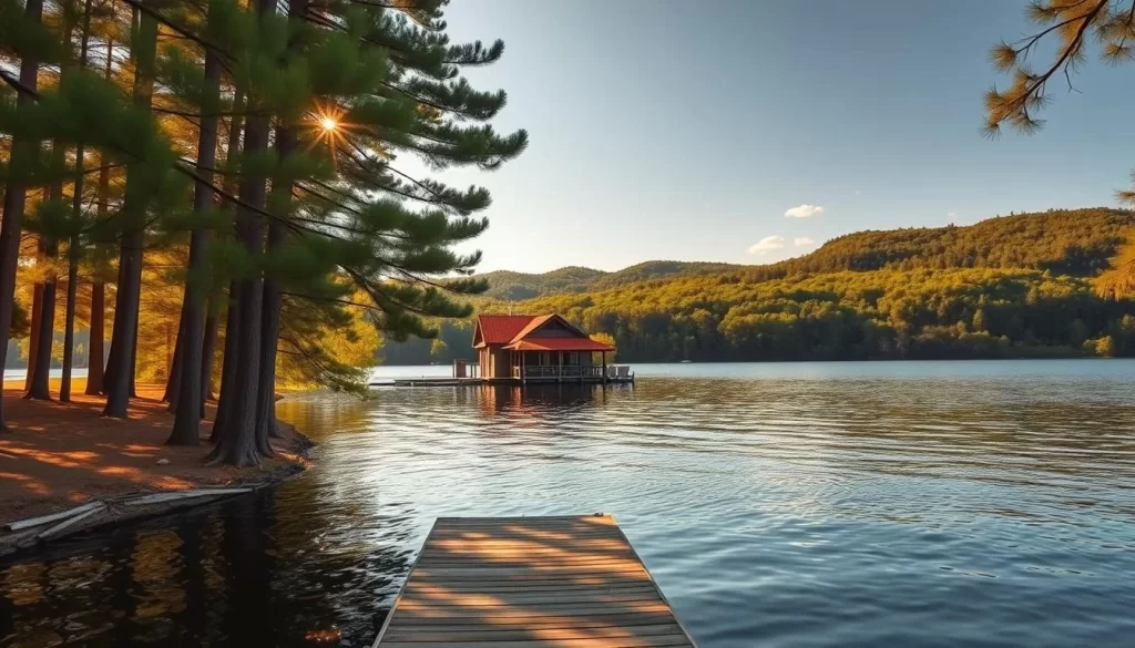 A serene summer day at Lake Minocqua, Wisconsin. Towering pine trees line the shore, their emerald boughs reflecting in the calm, crystalline waters. In the foreground, a wooden dock extends into the lake, inviting visitors to dip their toes in the cool, refreshing waters. The midground features a picturesque boathouse, its red-tiled roof and weathered siding complementing the natural surroundings. In the distance, rolling hills covered in lush, verdant foliage create a tranquil, picturesque backdrop. Warm, golden sunlight filters through the trees, casting a gentle glow over the entire scene, evoking a sense of peaceful solitude and natural beauty.