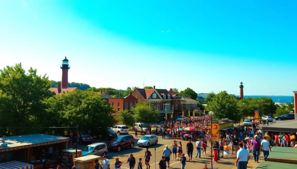A serene summer day in Michigan, with a vibrant display of cultural events and festivals unfolding against a backdrop of lush greenery and a clear, azure sky. In the foreground, a bustling street fair showcases an array of local artisanal crafts, live music performances, and tantalizing food stalls. In the middle ground, a historic town square is adorned with colorful banners and flags, hosting a lively parade featuring traditional dance troupes and costumed performers. In the distance, the silhouettes of iconic Michigan landmarks, such as lighthouses and historic buildings, add depth and character to the scene. The warm, natural lighting casts a soft, inviting glow over the entire tableau, capturing the vibrant energy and rich cultural tapestry of Michigan.