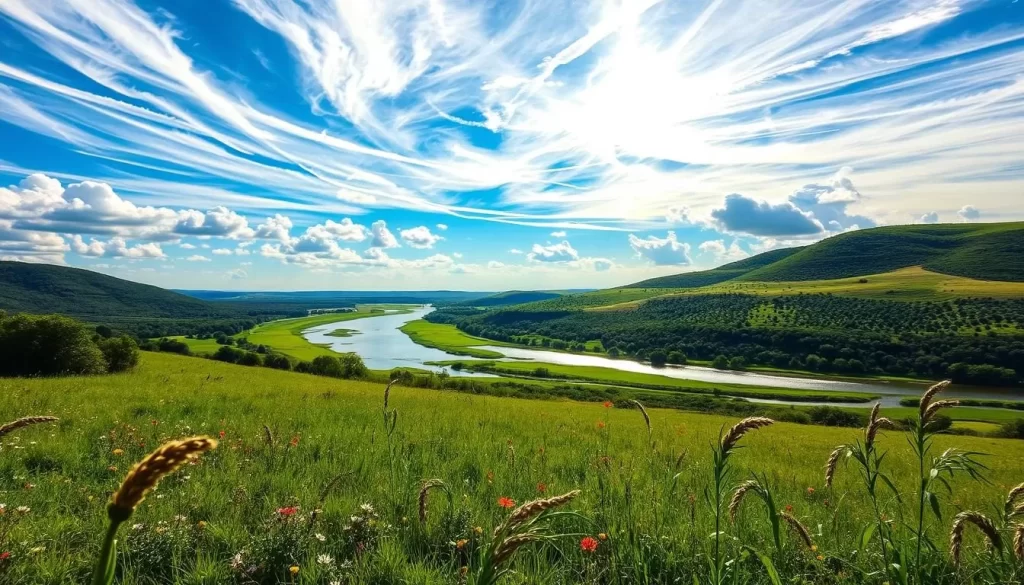 A serene summer landscape in Texas, showcasing the region's characteristic weather patterns. In the foreground, lush green meadows dotted with vibrant wildflowers sway gently in a warm breeze. Wispy cumulus clouds float across a brilliant azure sky, casting playful shadows on the undulating terrain below. In the middle ground, a winding river reflects the golden rays of the sun, its shimmering surface interrupted by the occasional splash of wildlife. Distant hills rise up, their slopes blanketed in shades of verdant vegetation. The overall scene exudes a sense of tranquility and the quintessential warmth of a Texas summer day.