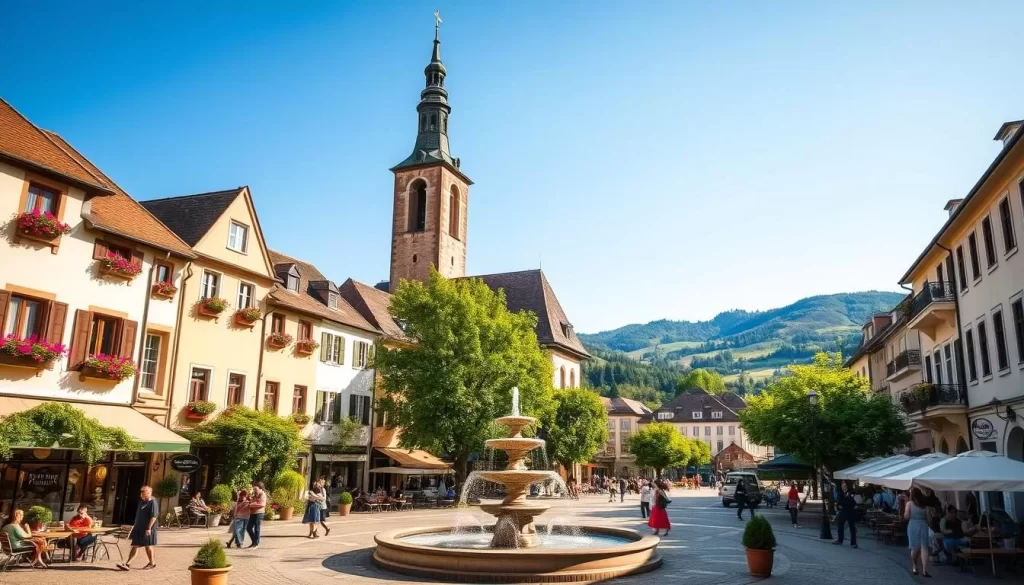 A serene summer scene in Freistadt, Austria, bathed in warm golden light. A tranquil town square surrounded by charming historic buildings, their facades adorned with colorful window boxes and flower-filled balconies. In the foreground, people leisurely stroll, sipping coffee at outdoor cafes or browsing local shops. A central fountain adds a soothing ambient sound, its gentle splashing complementing the lush greenery of linden trees. In the middle ground, a medieval church tower rises majestically, its stone walls and copper-topped spire glowing under the clear blue sky. Distant rolling hills form the picturesque backdrop, their lush forests and meadows painted in verdant hues. An idyllic, timeless summertime atmosphere emanates from this charming Austrian town.