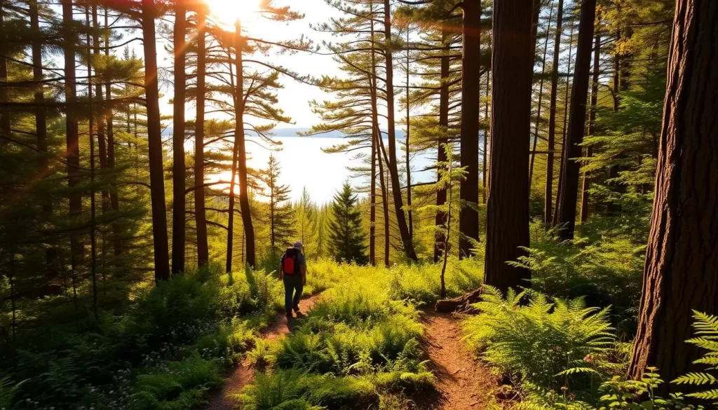 A serene, sun-dappled hiking trail winds through a lush, verdant forest in the Northwoods of Wisconsin. Towering pine and oak trees line the path, their branches filtering the warm, golden sunlight that filters through the canopy above. Ferns and wildflowers dot the undergrowth, creating a vibrant, natural tapestry. In the distance, a glistening lake reflects the tranquil scene, its calm waters inviting exploration. The trail is just wide enough for a pair of hikers, leading adventurers deeper into this picturesque wilderness, promising discovery and connection with the untamed beauty of the Northwoods.