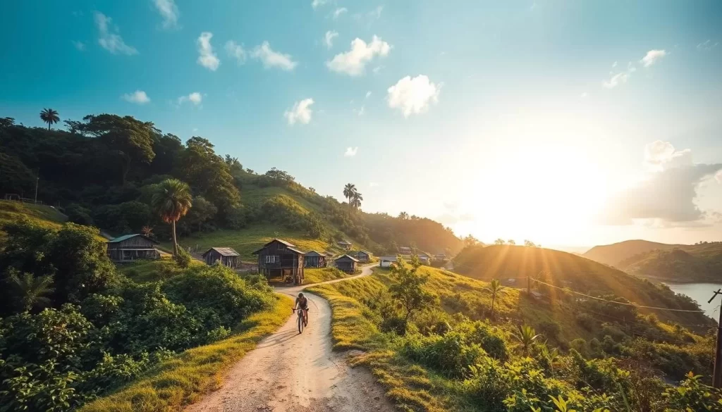 A serene, sun-dappled island landscape of Pulau Ubin, Singapore. Lush verdant foliage covers undulating hills, punctuated by clusters of traditional wooden houses and rustic structures. A winding dirt path leads through the tranquil scene, inviting exploration. In the foreground, a lone cyclist pedals leisurely, capturing the island's laidback charm. The warm, golden light filters through the canopy, casting a soft, nostalgic glow across the scene. Fluffy clouds drift lazily in the azure sky, completing the picturesque, postcard-worthy vista. Capture the essence of this charming, off-the-beaten-path gem, a perfect day trip from the bustling city.