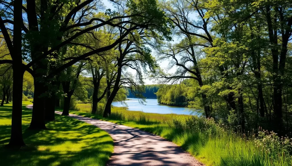 A serene, sun-dappled path winds through a lush riparian forest along the gently flowing Flint River. Towering oak and maple trees line the trail, their leaves casting dappled shadows on the gravel path below. In the distance, the river glistens, its waters reflecting the azure sky. The trail is flanked by verdant meadows and thickets of native wildflowers, creating a peaceful, nature-filled scene ideal for a leisurely stroll or bike ride. Warm, soft lighting illuminates the serene landscape, evoking a sense of tranquility and relaxation.