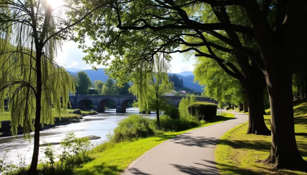 A serene, sun-dappled scene along the Ruggell River Walk, Liechtenstein. In the foreground, a paved path winds through lush greenery, flanked by the gently flowing river on one side and towering deciduous trees on the other. The middle ground reveals picturesque stone bridges arching over the water, while in the distance, the rolling hills of the Rhine Valley rise up, capped with fluffy white clouds. Soft, warm lighting filters through the canopy, casting a tranquil glow over the entire landscape. A perfect embodiment of the outdoor activities and natural beauty found along the Ruggell River.