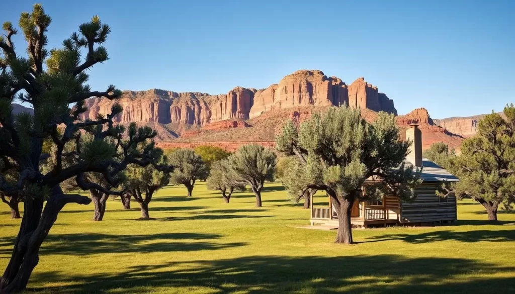A serene, sun-dappled scene in the historic Fruita District of Capitol Reef National Park, Utah. Rolling orchards of heritage fruit trees spread across a lush, verdant meadow, their gnarled trunks and bountiful canopies casting gentle shadows. In the distance, the towering, rust-colored cliffs of the Waterpocket Fold rise majestically, framing the idyllic pastoral landscape. A quaint, weathered cabin nestles amidst the orchard, its wood-planked porch and stone chimney hinting at the district's pioneer past. Soft, warm lighting filters through the trees, imbuing the scene with a timeless, serene ambiance.