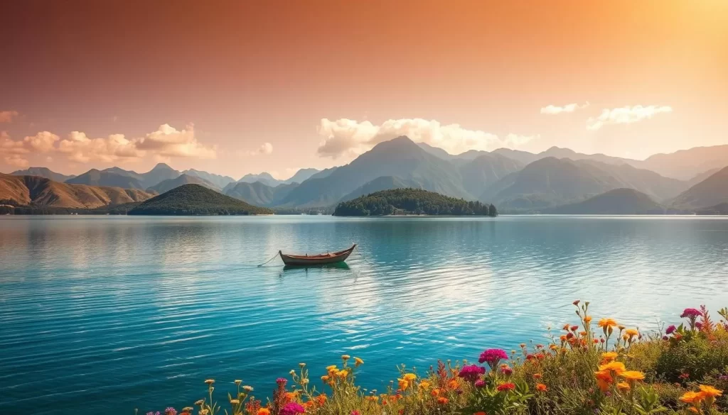 A serene, sun-dappled scene of Lake Van, surrounded by the majestic Akdamar Island and its lush, verdant shores. In the foreground, the calm, crystalline waters reflect the dramatic peaks and rolling hills in the distance. Vibrant wildflowers dot the gently sloping banks, while a small, traditional fishing boat gently drifts across the surface. Warm, golden light filters through wispy clouds, casting a soft, inviting glow over the entire landscape. The overall atmosphere evokes a sense of tranquility and natural harmony, perfectly capturing the unspoiled beauty of this remarkable island ecosystem.