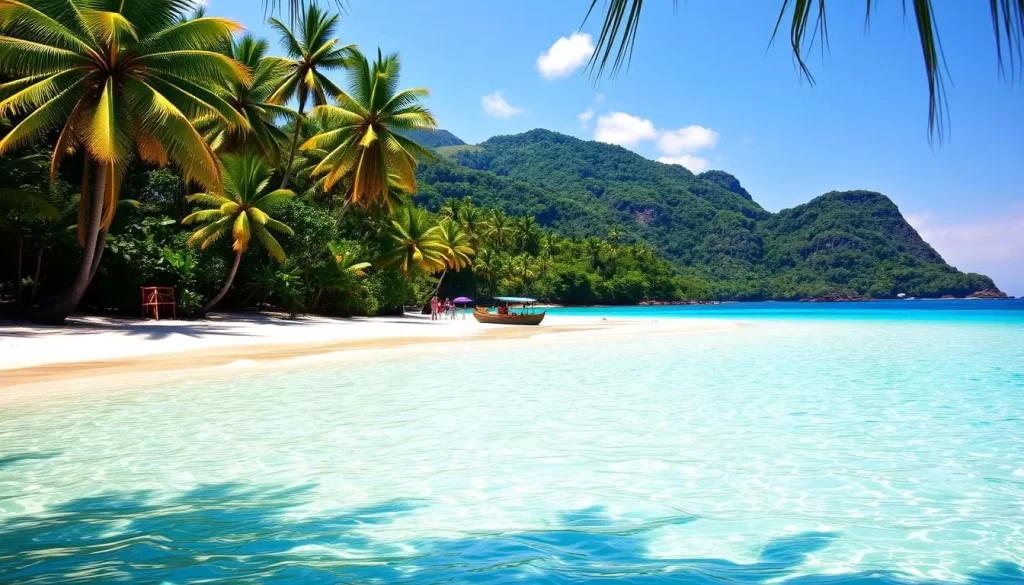 A serene, sun-dappled scene of Tunku Abdul Rahman Marine Park, a collection of five lush, tropical islands off the coast of Kota Kinabalu, Sabah, Malaysia. In the foreground, clear turquoise waters lap against a pristine, white sandy beach, dotted with swaying palm trees. The middle ground reveals a dense, verdant forest canopy, home to exotic flora and fauna. In the distance, the silhouettes of rugged, verdant hills rise up, creating a picturesque backdrop. The lighting is warm and natural, casting a golden glow over the entire scene. Capture the tranquil, idyllic atmosphere of this stunning marine paradise, perfect for a relaxing visit.