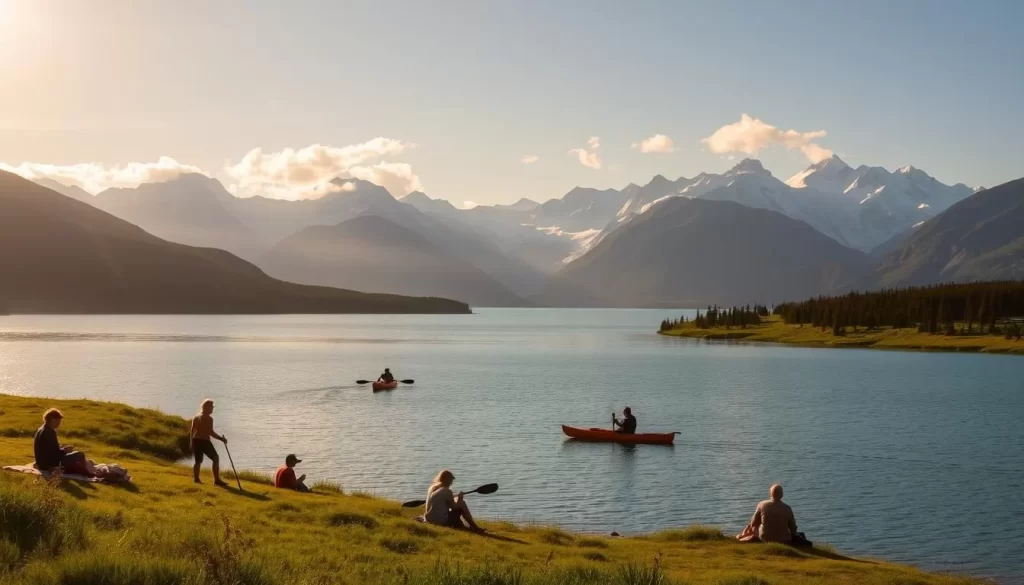 A serene, sun-dappled scene of an Alaskan summer, featuring a picturesque lake surrounded by rugged, snow-capped mountains in the distance. In the foreground, a group of people engage in various outdoor activities - kayaking across the tranquil waters, hiking along the lush, verdant shores, and picnicking on the grassy banks. The warm, golden light filters through the wispy clouds, casting a soft, ethereal glow over the entire landscape. The mood is one of peaceful relaxation and the pure, untamed beauty of the Alaskan wilderness in its prime season.