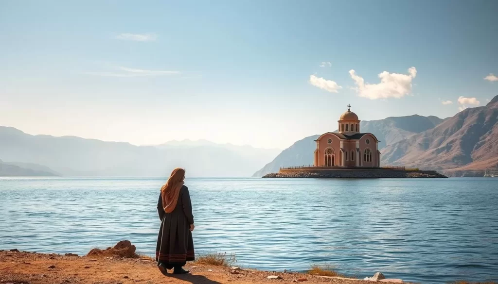 A serene, sun-dappled scene on the shores of Akdamar Island, Turkey. In the foreground, a lone figure in traditional garb stands contemplatively, gazing out over the tranquil waters of Lake Van. The middle ground reveals the iconic Church of the Holy Cross, its warm pink hues and ornate Armenian architecture standing in contrast to the rugged, mountainous backdrop. Soft, diffused natural lighting illuminates the scene, casting a dreamlike, almost otherworldly atmosphere. Wispy clouds drift lazily overhead, heightening the sense of timelessness. Capture the essence of the island's legendary history and the spiritual connection felt by all who visit this enchanting place.