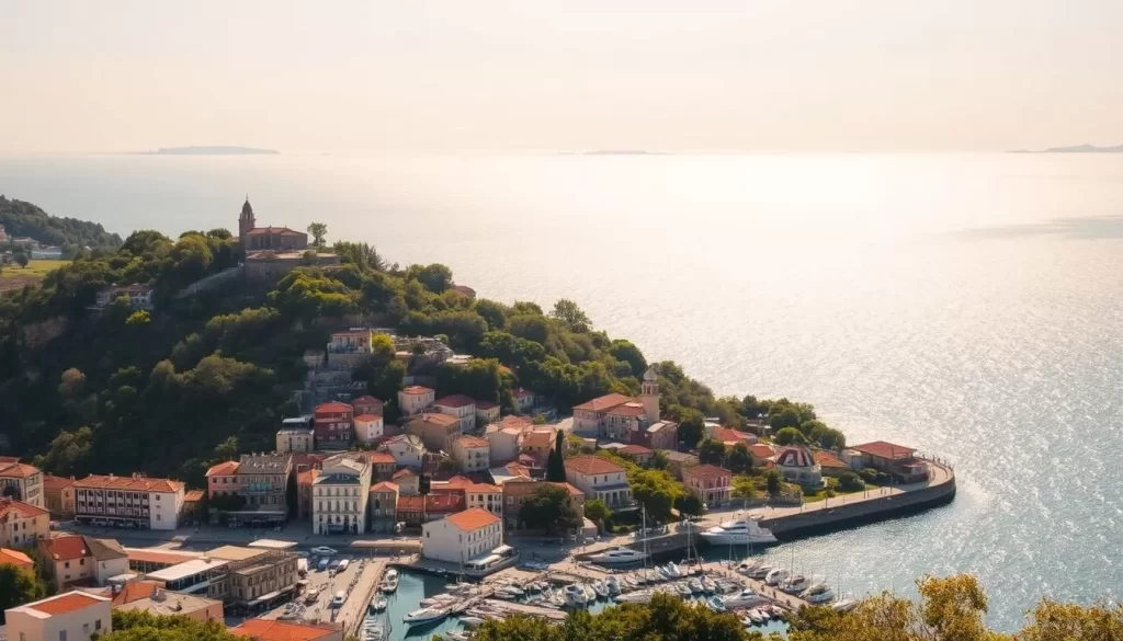 A serene, sun-dappled vista of Princes' Islands, Turkey. In the foreground, a picturesque harbor lined with quaint, pastel-hued buildings and bustling with small boats. The middle ground reveals a gently sloping hillside dotted with lush, green foliage and charming, historic structures. The background showcases the vast, sparkling expanse of the Marmara Sea, with the distant silhouettes of the neighboring islands. The warm, golden sunlight bathes the scene, creating a sense of tranquility and timeless beauty. Capture this idyllic day trip destination, perfect for an immersive, overnight stay.