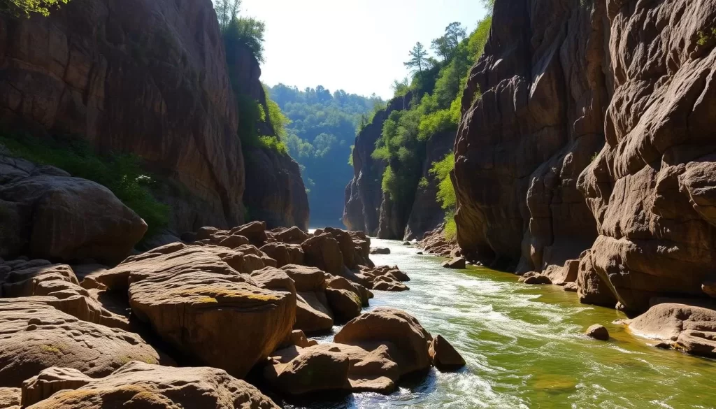 A serene, sun-dappled vista of the Little River Canyon National Preserve in Alabama. In the foreground, the crystal-clear waters of the Little River meander through rugged, moss-covered rock formations. Towering cliffs rise on either side, casting long shadows across the canyon floor. In the distance, lush green forests cling to the steep slopes, their canopy of trees filtering the warm, golden light. A gentle breeze ruffles the surface of the river, creating a soothing, calming ambiance. The scene exudes a sense of natural tranquility and wonder, inviting the viewer to immerse themselves in the breathtaking beauty of this hidden gem in the heart of the South.