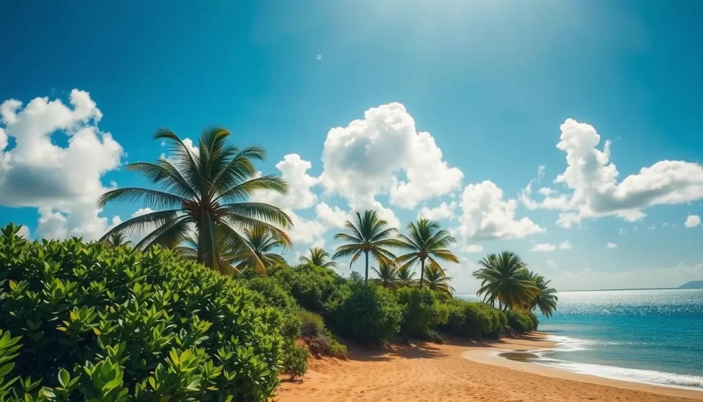 A serene, sun-drenched landscape in Guam during the dry season. Vibrant azure skies stretch overhead, dotted with fluffy white clouds. In the foreground, lush tropical foliage sways gently in the warm breeze, its verdant hues contrasting with the sandy, sun-baked ground. A picturesque beach scene unfolds, with azure waters lapping at the pristine, golden sands. Sunlight glints off the calm, tranquil ocean, illuminating the scene with a soft, golden glow. Towering palm trees line the shore, casting gentle shadows and adding to the idyllic, serene atmosphere. The overall mood is one of peaceful relaxation, perfect for a weather-savvy trip to Guam during the dry months of January to May.
