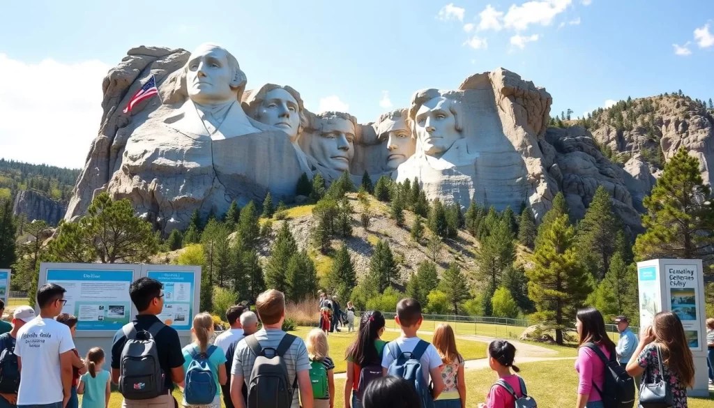 A serene, sunlit landscape showcasing the iconic Mount Rushmore National Memorial, where visitors can explore the educational experiences within. In the foreground, a group of students and families gather, their expressions filled with wonder as they gaze upon the colossal sculpted faces of the former U.S. presidents. The middle ground features informative displays and exhibits, offering insights into the monument's history, construction, and the lives of the revered leaders depicted. In the background, the majestic mountain setting provides a breathtaking backdrop, with lush forests and clear skies complementing the grandeur of the site. Capture the essence of this educational and awe-inspiring destination through a realistic, high-quality image.
