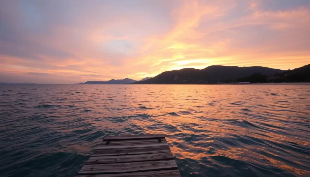 A serene sunset over the tranquil waters of Çalış Beach, Fethiye, Turkey. Warm, golden light bathes the gently lapping waves, casting shimmering reflections across the surface. In the foreground, a small, wooden jetty stretches out into the calm sea, its weathered planks inviting visitors to sit and soak in the peaceful atmosphere. The middle ground features a wide, sandy beach, dotted with colorful parasols and the silhouettes of beachgoers enjoying the fading daylight. In the distance, the rugged, mountainous coastline frames the scene, its slopes blanketed in lush, green vegetation. The sky above is painted in a breathtaking array of soft pinks, oranges, and purples, creating a serene and picturesque setting perfect for relishing the natural beauty of this Turkish coastal gem.