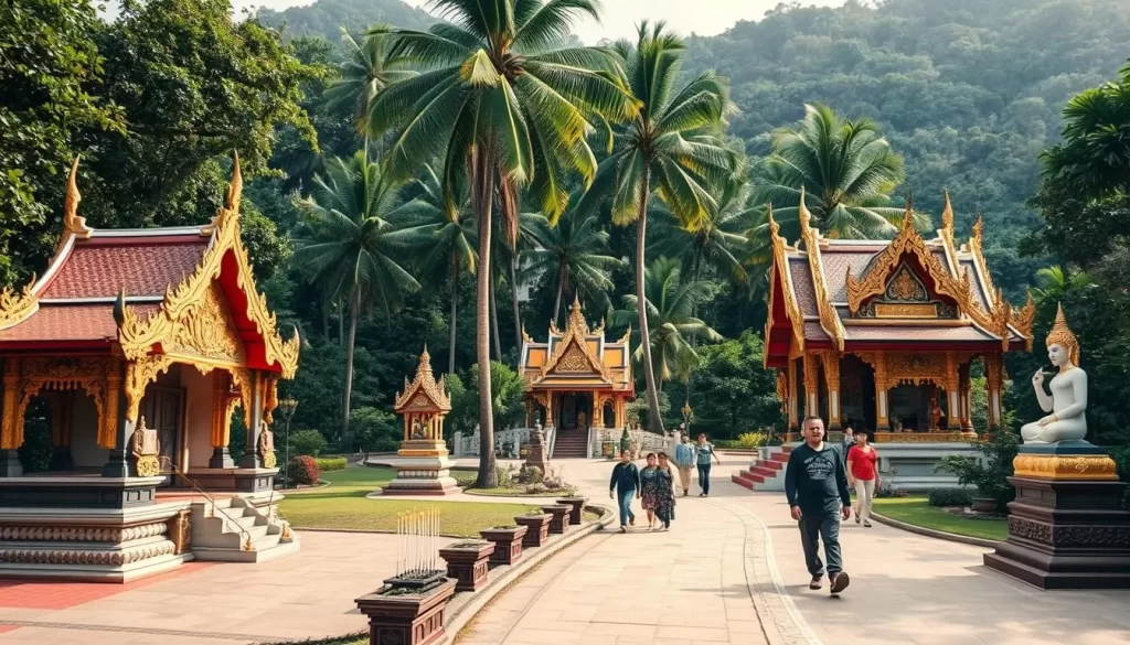 A serene temple complex nestled amidst the lush, verdant landscape of Koh Samui. Ornate Buddhist shrines and statues stand in reverence, adorned with intricate carvings and golden accents that glisten in the warm, diffused sunlight. Worshippers make their way along the winding pathways, pausing to offer incense and prayers. In the background, towering palm trees sway gently, creating a peaceful, contemplative atmosphere. The scene is captured through a wide-angle lens, emphasizing the harmony between the sacred structures and the natural beauty that surrounds them.