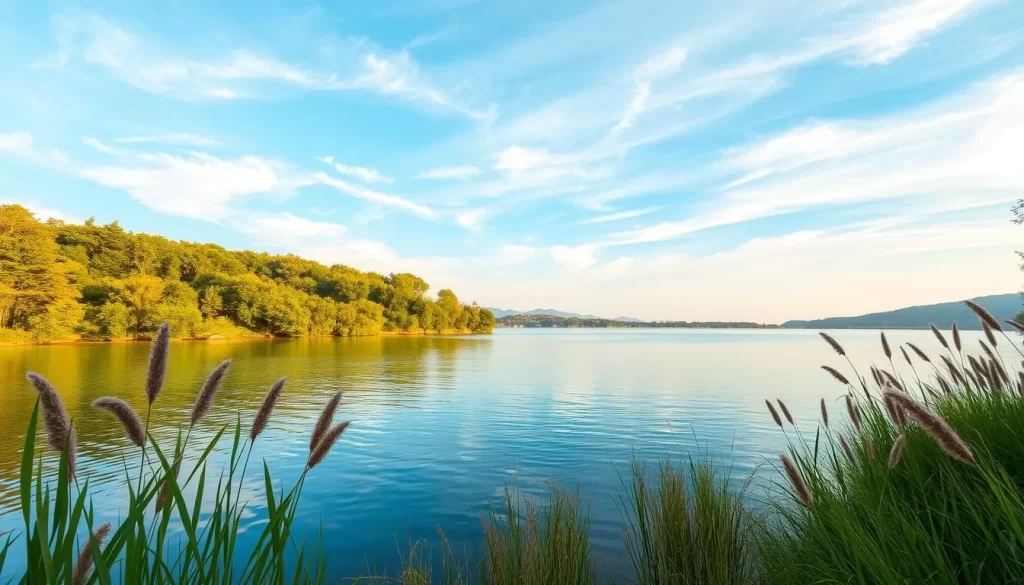 A serene, tranquil lake nestled amidst lush, verdant foliage in the heart of Kuşcenneti National Park. The calm, crystalline waters reflect the azure sky above, with wispy clouds drifting lazily overhead. Tall, swaying reeds line the shore, providing a natural haven for diverse wildlife. The warm, golden sunlight casts a soft, diffused glow, creating a peaceful, idyllic atmosphere. Capture the essence of this picturesque habitat, inviting the viewer to immerse themselves in the park's natural beauty.