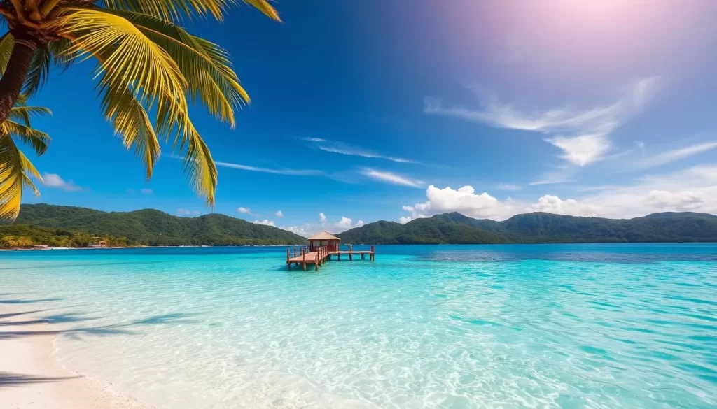 A serene tropical beach on the Mantanani Islands, Malaysia. In the foreground, crystal-clear turquoise waters gently lap against the pristine white sand. Swaying palm trees cast dappled shadows, creating a peaceful ambiance. In the middle ground, a well-maintained wooden jetty extends into the tranquil sea, inviting visitors to explore the surrounding marine life. The background features lush, verdant hills and a clear azure sky, punctuated by wispy clouds. Warm, golden sunlight filters through, illuminating the scene with a soft, enchanting glow. The overall atmosphere conveys a sense of safety, tranquility, and natural beauty, capturing the essence of the Mantanani Islands.