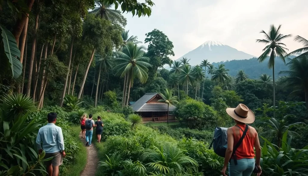 A serene tropical landscape in Sabah, Malaysia, showcasing sustainable tourism practices. In the foreground, a group of eco-tourists explore a lush, verdant jungle trail, guided by a local expert. The middle ground features a traditional longhouse nestled among towering trees, its thatched roof and wooden structure in harmony with the natural surroundings. In the background, a stunning view of Mount Kinabalu, the highest mountain in Southeast Asia, its snow-capped peak reflecting the warm glow of the sun. Soft, diffused lighting creates a peaceful, contemplative atmosphere, highlighting the harmony between nature and human activity. Telephoto lens captures the scene from a distance, emphasizing the expansive, tranquil setting.