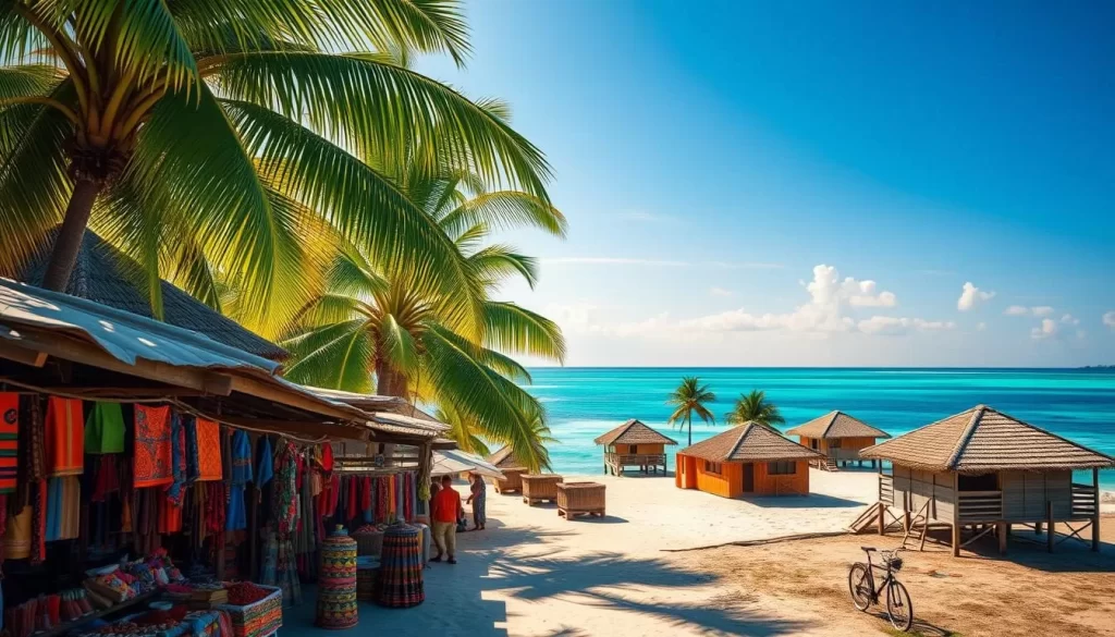 A serene tropical landscape on the Lakshadweep islands, with sun-dappled palm trees swaying gently in the breeze. In the foreground, a vibrant marketplace bustles with local vendors selling colorful textiles, spices, and handcrafted souvenirs, reflecting the rich cultural heritage of the region. In the middle ground, traditional thatched-roof homes dot the coastline, their architectural style a testament to the islands' historic connections. The background showcases the turquoise waters of the Arabian Sea, lapping against the pristine white-sand beaches. The lighting is warm and golden, creating a serene, idyllic atmosphere that captures the essence of Lakshadweep's cultural tapestry.