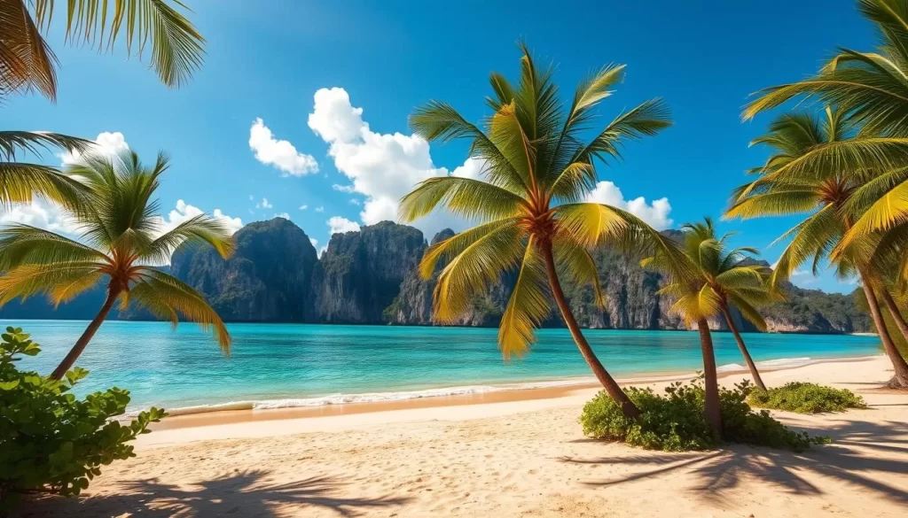 A serene tropical landscape on the island of Koh Samui, Thailand. The foreground features lush palm trees swaying gently in the warm breeze, casting soft shadows across a pristine white sand beach. In the middle ground, crystal-clear turquoise waters lap against the shore, inviting visitors to take a refreshing swim. The background showcases the island's iconic limestone cliffs, their rugged beauty accentuated by the vibrant blue sky and fluffy white clouds above. Warm, golden sunlight filters through the scene, creating a peaceful, relaxing atmosphere. The overall composition evokes the tranquility and natural beauty that make Koh Samui a premier destination for those seeking an authentic Thai island experience.