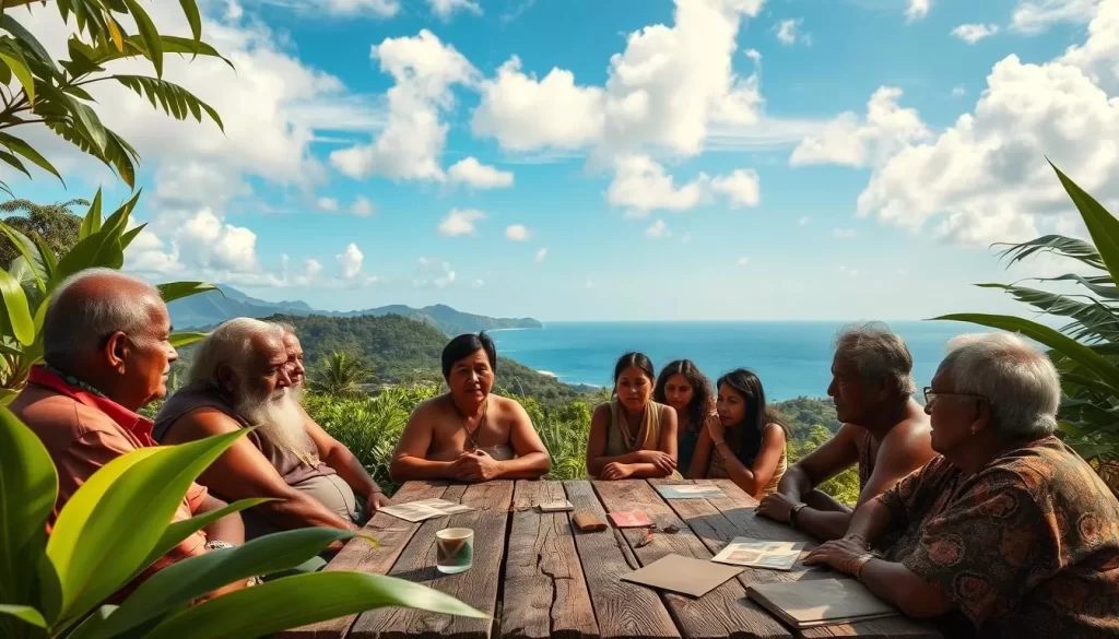 A serene tropical landscape with lush foliage and a vibrant azure sky. In the foreground, indigenous elders gather around a weathered wooden table, engaged in a thoughtful discussion, their faces etched with concern. In the middle ground, a group of younger community members listen intently, their expressions conveying a sense of urgency to preserve their ancestral tongues. Distant hills and a sparkling ocean horizon create a tranquil backdrop, hinting at the fragility and importance of these endangered languages. Warm, natural lighting accentuates the scene, evoking a sense of cultural preservation and the need to safeguard linguistic diversity.
