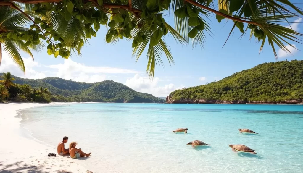 A serene tropical paradise, Selingan Turtle Island in the South China Sea. White sandy beaches fringe lush palm-dotted hills, with crystal-clear turquoise waters lapping gently at the shore. A warm, gentle breeze rustles the canopy, casting dappled sunlight across the landscape. In the tranquil foreground, a family relaxes on the beach, taking in the stunning natural beauty. Farther out, green sea turtles gracefully glide through the shallows, briefly surfacing to breathe before diving back down. The atmosphere is one of peaceful tranquility, inviting visitors to bask in the island's serene charm.