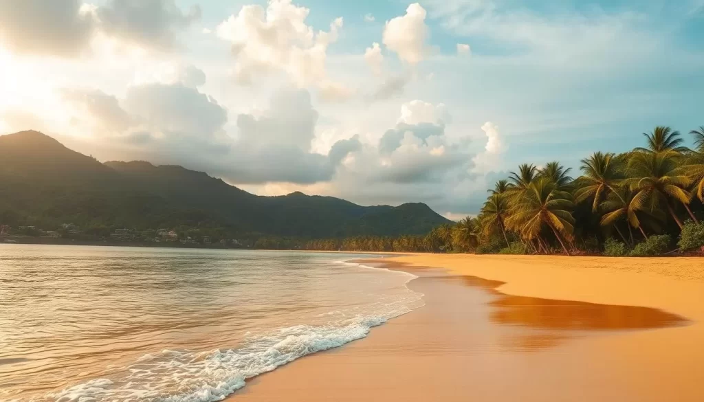 A serene tropical paradise along the coast of Kelantan, Malaysia. Golden sand beaches framed by swaying palm trees and lush green hills in the distance. Gentle waves lap against the shore, inviting visitors to dip their toes in the calm, turquoise waters. The warm, golden sunlight filters through high-altitude clouds, casting a soft, diffused glow over the scene. A peaceful, tranquil atmosphere pervades the idyllic coastal landscape, perfect for nature lovers seeking a relaxing escape.