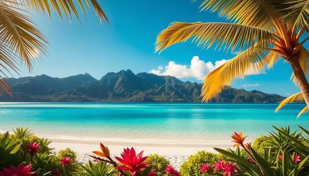 A serene tropical paradise during peak season in the Cook Islands. Lush, verdant mountains rise majestically in the background, their jagged peaks piercing the azure sky. In the foreground, a pristine white-sand beach stretches out, lapped by crystal-clear turquoise waters. Warm sunlight filters through swaying palm fronds, casting a golden glow over the idyllic scene. A gentle breeze rustles the palm leaves, creating a soothing ambiance. Vibrant, exotic flora dot the landscape, adding pops of color to the natural harmony. This is the quintessential image of the Cook Islands at the height of its weather-perfect season.