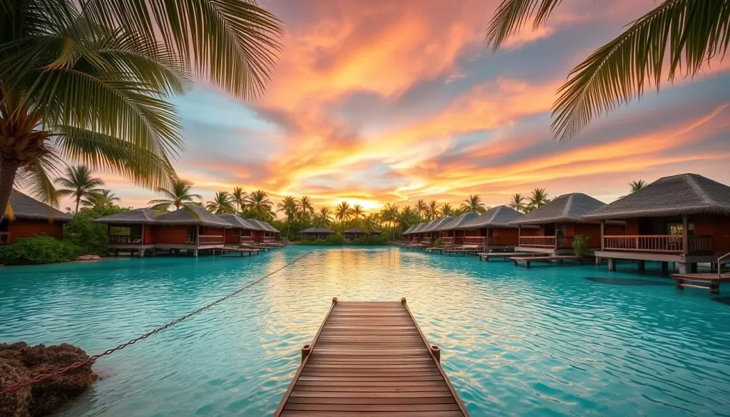 A serene tropical resort nestled amidst swaying palm trees and turquoise waters. In the foreground, a wooden pier stretches out over a glistening lagoon, inviting visitors to take a leisurely stroll. The mid-ground features thatched-roof bungalows with private balconies, their warm hues contrasting against the lush greenery. In the background, a stunning sunset paints the sky in vibrant shades of orange and pink, creating a picturesque and tranquil atmosphere. The image is bathed in warm, natural lighting, captured through a wide-angle lens to showcase the resort's expansive beauty and serene ambiance.