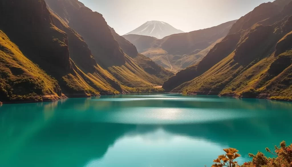 A serene, turquoise-colored lake nestled within the lush, verdant slopes of an ancient volcanic crater. Towering cliffs rise dramatically on one side, casting dramatic shadows and creating a sense of grand, natural scale. The surface of the lake is calm and reflective, mirroring the surrounding landscape in crystal clarity. The warm, golden light of the sun bathes the scene, illuminating the vibrant greens of the vegetation and adding a sense of warmth and tranquility. In the distance, the majestic silhouette of Mount Kilimanjaro can be seen, completing the awe-inspiring vista. A peaceful, awe-inspiring natural wonder, perfect for exploring and appreciating the beauty of Tanzania's landscapes.