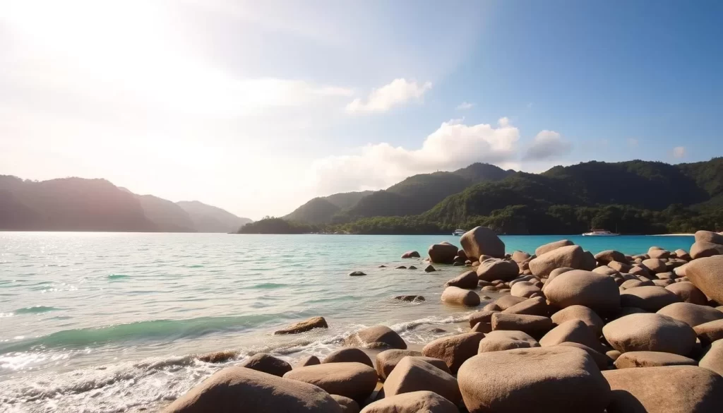 A serene, turquoise-hued bay on Dayang Bunting Island, Malaysia. Crystalline waters gently lap against a shoreline of smooth, grey boulders. Lush, verdant hills rise up in the background, casting soft shadows over the tranquil scene. Warm, golden sunlight filters through wispy clouds, casting a peaceful glow over the entire landscape. The image captures the natural beauty and tranquility of this idyllic island destination, perfect for showcasing how to reach this stunning location.