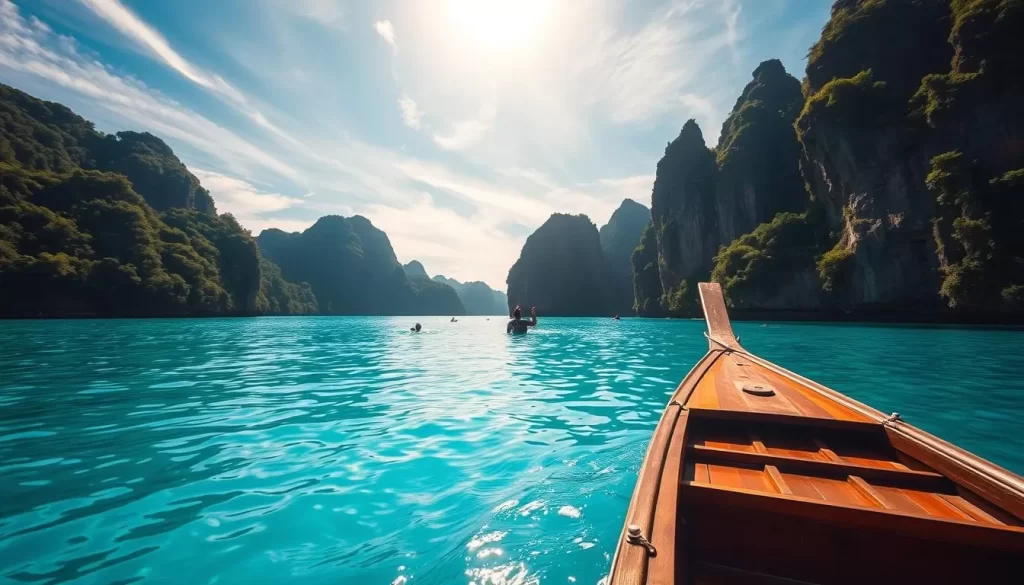 A serene turquoise lagoon surrounded by lush, verdant hills and towering limestone cliffs on Dayang Bunting Island, Malaysia. Warm sunlight filters through wispy clouds, casting a soft glow over the tranquil waters. In the foreground, a wooden boat drifts peacefully, while in the middle ground, swimmers and snorkelers explore the crystal-clear depths. The background showcases the island's dramatic, undulating silhouette against a brilliant azure sky. Capture the essence of this hidden Malaysian gem with a cinematic, wide-angle lens that highlights the island's natural beauty and captivating atmosphere.