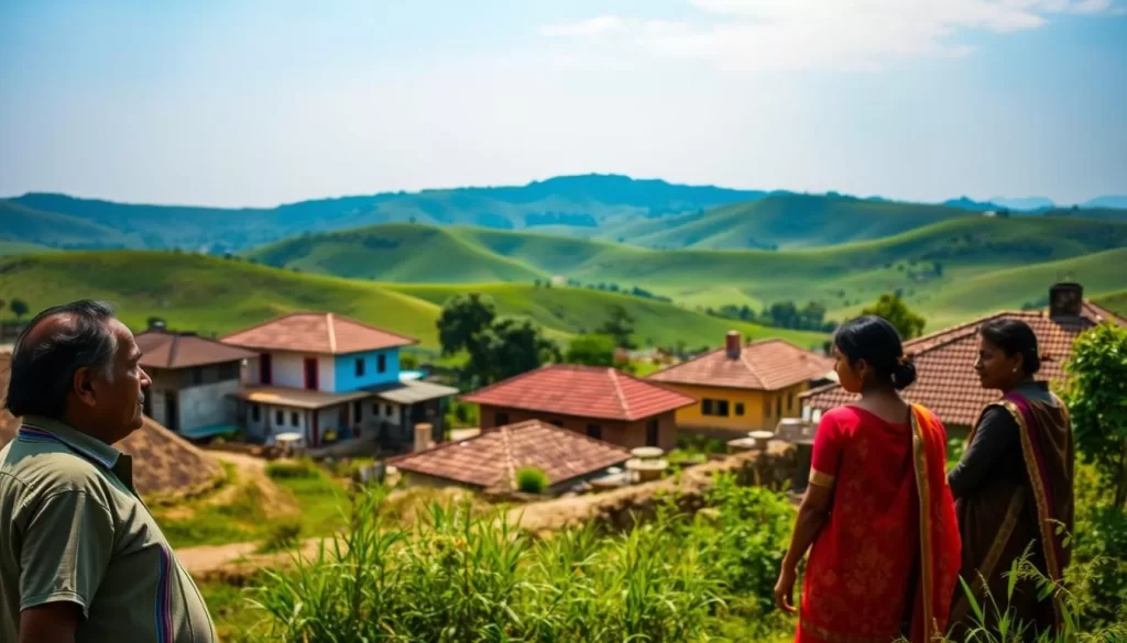 A serene village landscape in the heart of Haryana, India. In the foreground, a group of locals conversing in the Haryanvi language, their vibrant traditional attire adding to the cultural ambiance. The middle ground features colorful houses with tiled roofs, while in the background, rolling green hills and a clear blue sky create a picturesque setting. Warm natural lighting bathes the scene, lending a sense of tranquility and authenticity. The overall composition captures the essence of Haryana's rich linguistic and cultural heritage.
