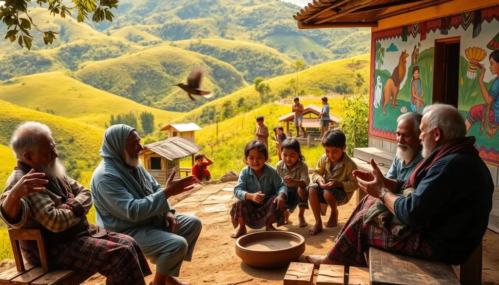 A serene village nestled in the lush, rolling hills. In the foreground, a group of elders sit on a wooden bench, engaged in a lively conversation, their hands gesturing as they preserve the nuances of their ancestral language. In the middle ground, children play traditional games, their laughter and voices mingling with the chirping of birds. The background features a vibrant mural depicting cultural symbols and the diversity of the region. Warm, natural lighting bathes the scene, casting a gentle glow and conveying a sense of community and cultural preservation.