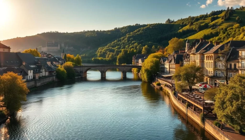 A serene vista of the winding River Moselle in Luxembourg. The sun's golden rays gently dance across the calm, glistening waters, casting a warm, inviting glow. Lush, verdant hills rise up on either side, their slopes dotted with charming villages and ancient castles. Quaint stone bridges arch gracefully over the river, inviting exploration. Stately trees line the riverbanks, their branches swaying in the gentle breeze. Cozy cafes and boutiques dot the picturesque promenade, their outdoor terraces offering breathtaking views of this enchanting natural wonder. A peaceful, nostalgic atmosphere pervades the scene, inviting the viewer to slow down and savor the timeless beauty of the River Moselle.