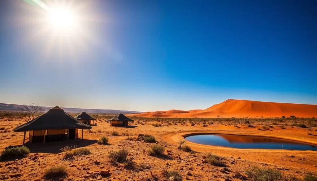 A serene wilderness camp nestled in the heart of the Kgalagadi Transfrontier Park, South Africa. Thatched-roof huts dotting the landscape, surrounded by the rugged beauty of the Kalahari desert. Warm, golden sunlight filters through the sparse vegetation, casting long shadows across the sandy terrain. A tranquil watering hole reflects the clear blue sky, drawing in a variety of wildlife. Adventurous travelers sit around the crackling campfire, listening to the sounds of the African bush as they plan their next day's exploration of this vast, untamed wilderness.