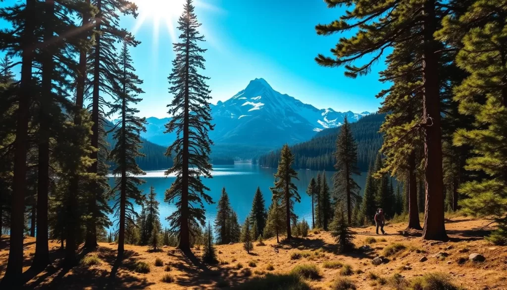 A serene wilderness landscape, with a majestic mountain range towering in the background, its peaks capped with pristine snow. In the foreground, a crystal-clear lake reflects the azure sky and lush, verdant forests. Tall, ancient pine trees line the shores, casting dappled shadows on the calm waters. Sunlight filters through the canopy, illuminating the scene with a warm, golden glow. Hikers explore winding trails, immersed in the tranquility of this natural wonder. The image conveys a sense of awe and reverence for the untamed beauty of America's national parks.